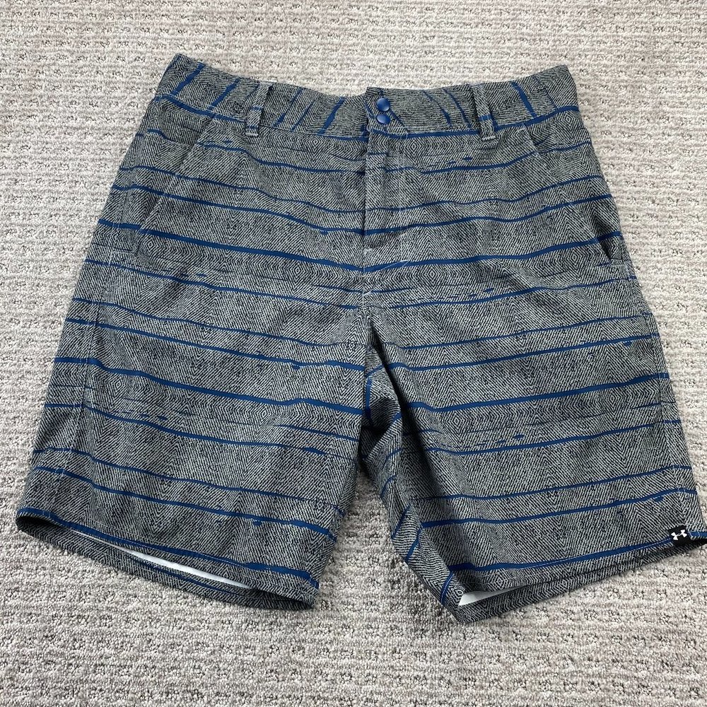 Under ARMOUR UA Swim Shorts Men 34 Gray Blue Striped Board Short Pants Outdoor